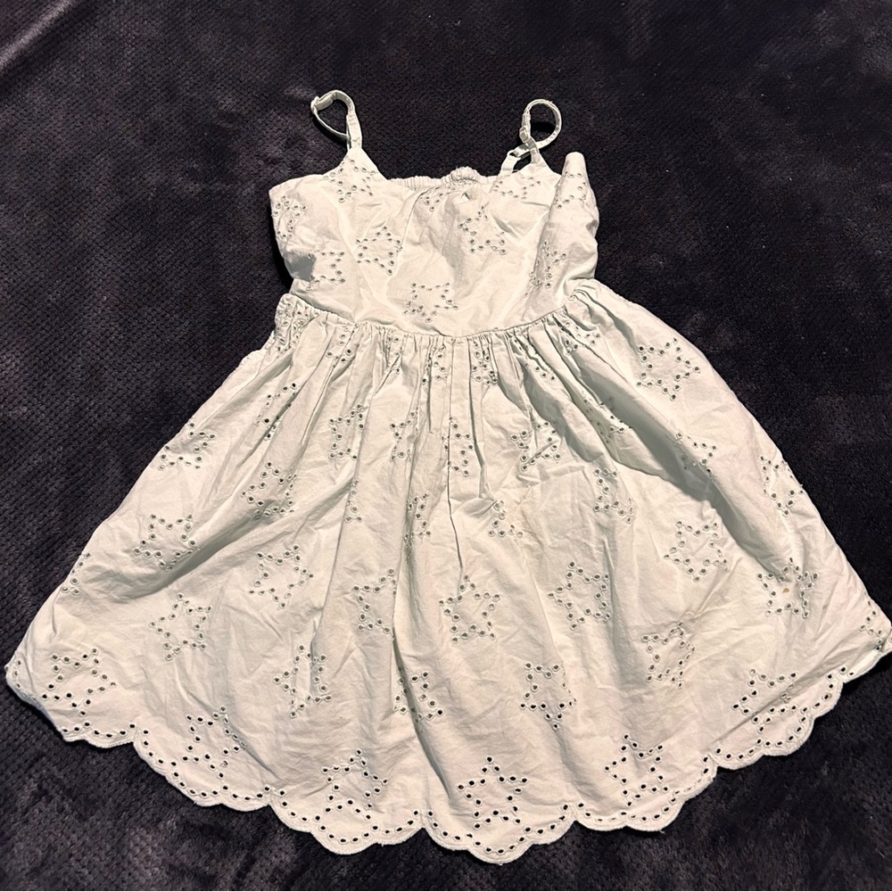 Boden Teal Blue 100% Cotton Eyelet Star Print Pleated Dress 5-6 Year FLAW